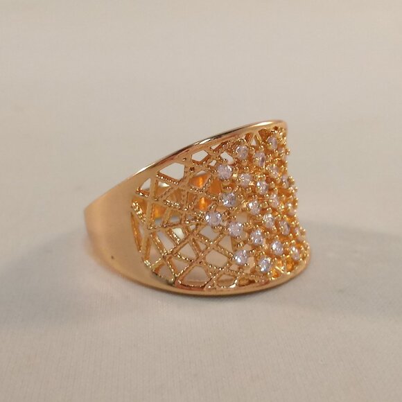 18K Yellow Gold Filled Wide Band Web White Diamond Zircon Ring Gorgeous Gift - Picture 3 of 12